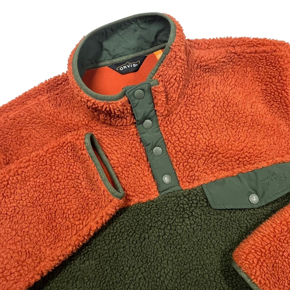 Orvis Sherpa Fleece Pullover Mens Large Orange Green Snap Mock Neck 2MYB‎ Rugged